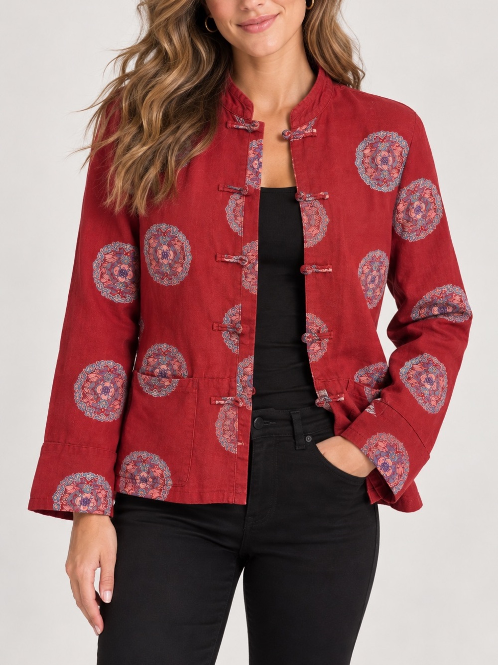 FISH Red Linen Cotton Mandarin Frog Closure Jacket Size S